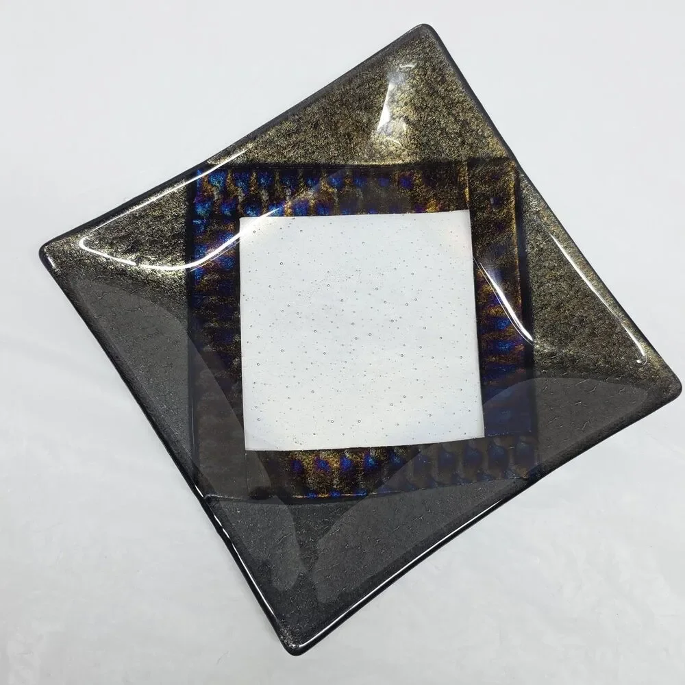 Chris Paulson Fused Art Glass Trinket Tray Plate Signed Dichroic Iridescent